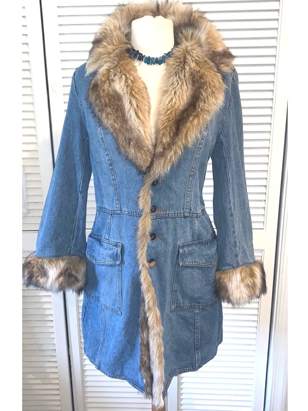 OTB Vintage Y2K Denim Penny Lane Trench Coat Faux Fur Trim Boho Afghan Jacket L
